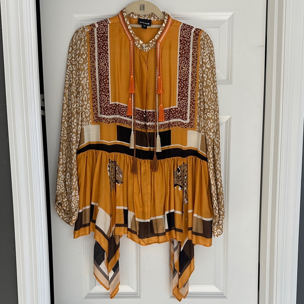 Just Cavalli Mustard and Brown Patterned Blouse